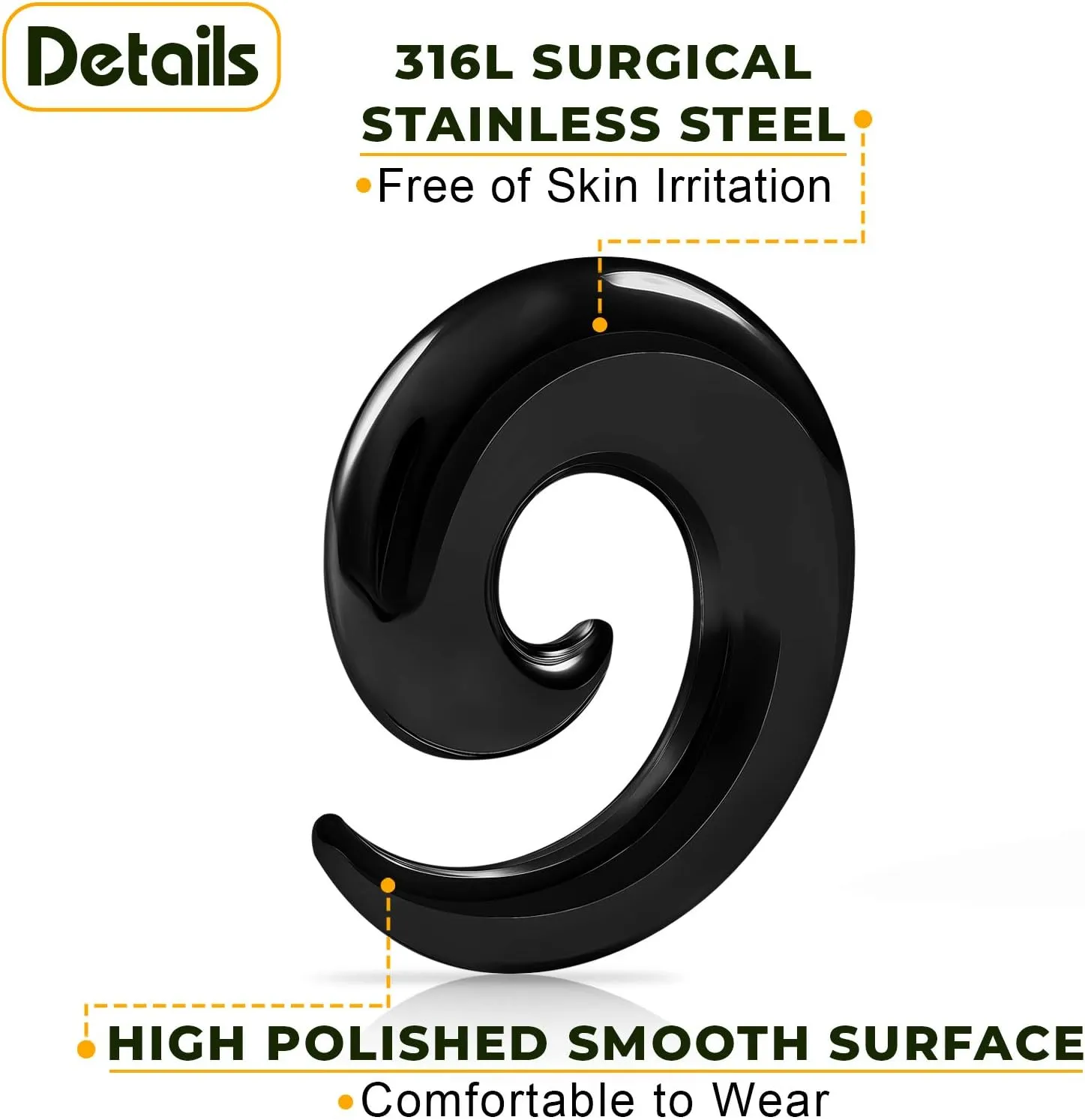 Pair of PVD Steel Black Anodized Taper Spiral Hollow Piercing Jewelry Ear Plugs Stretching Expander Earring