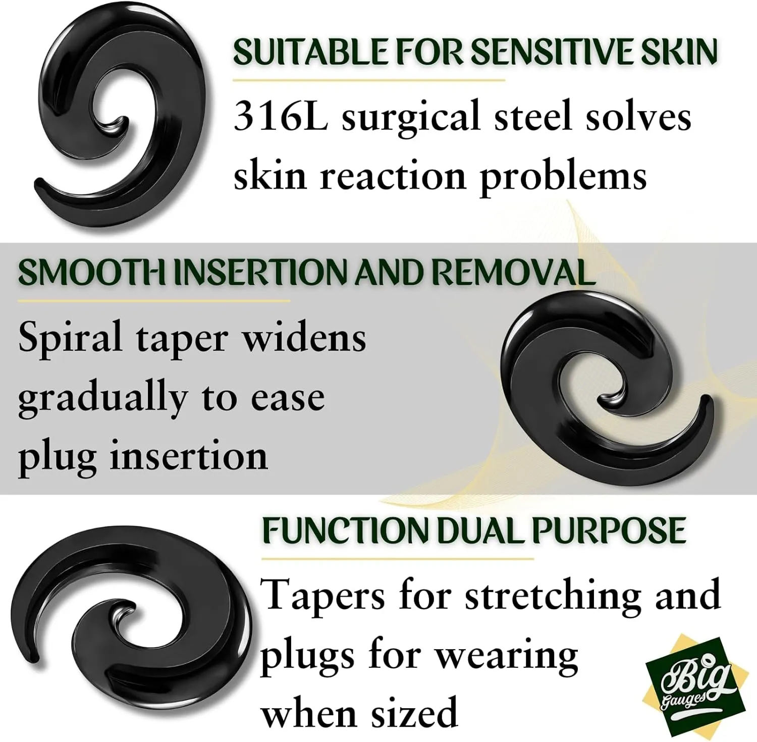 Pair of PVD Steel Black Anodized Taper Spiral Hollow Piercing Jewelry Ear Plugs Stretching Expander Earring