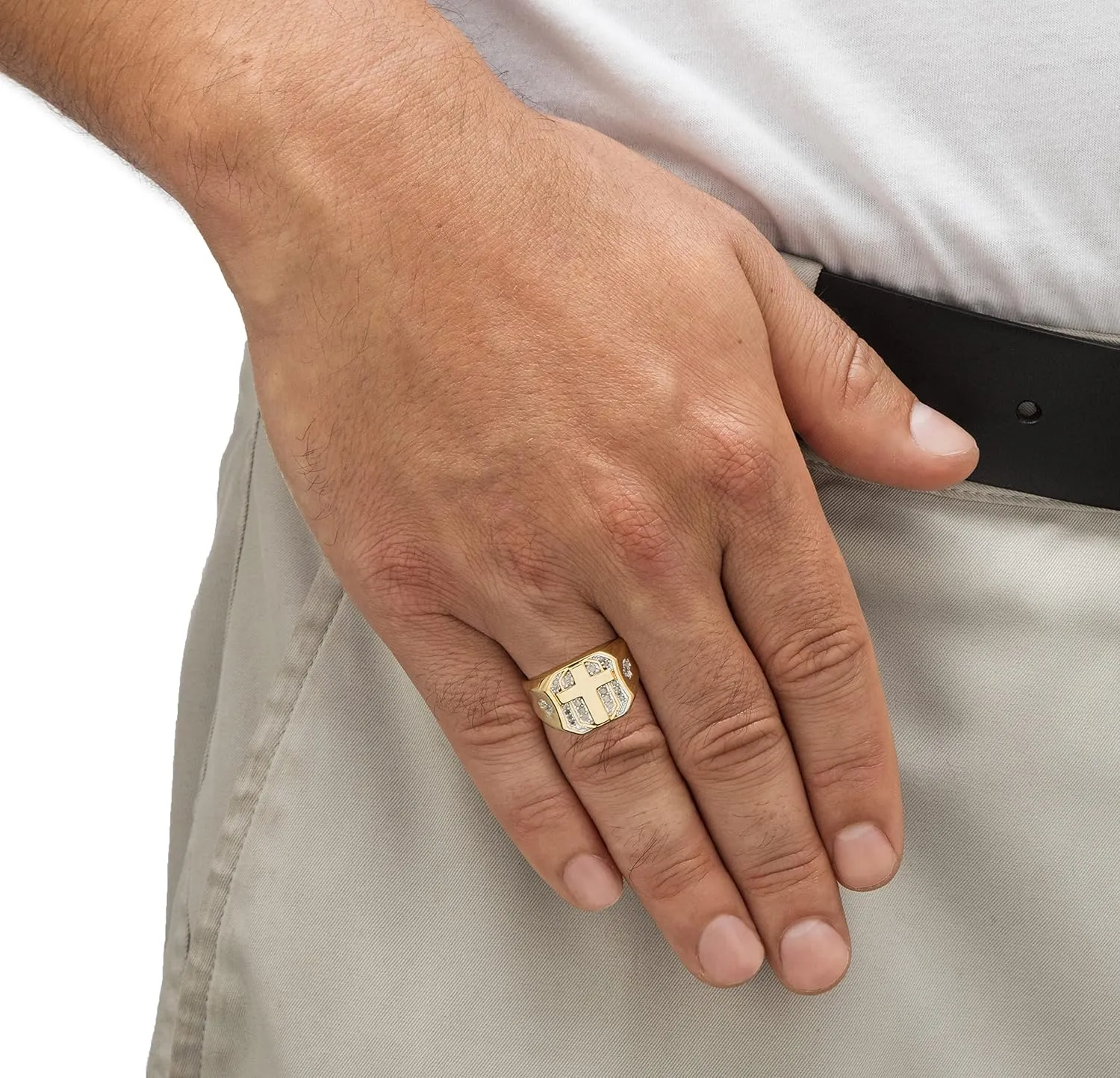 PalmBeach Men's Yellow Gold-plated Round Genuine Diamond Cross Ring (1/5 cttw, I Color, I3 Clarity) Sizes 8-16