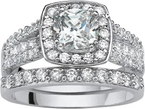 PalmBeach Platinum-plated Sterling Silver Cushion Cubic Zirconia Squared Halo Bridal Ring Set Sizes 6-10
