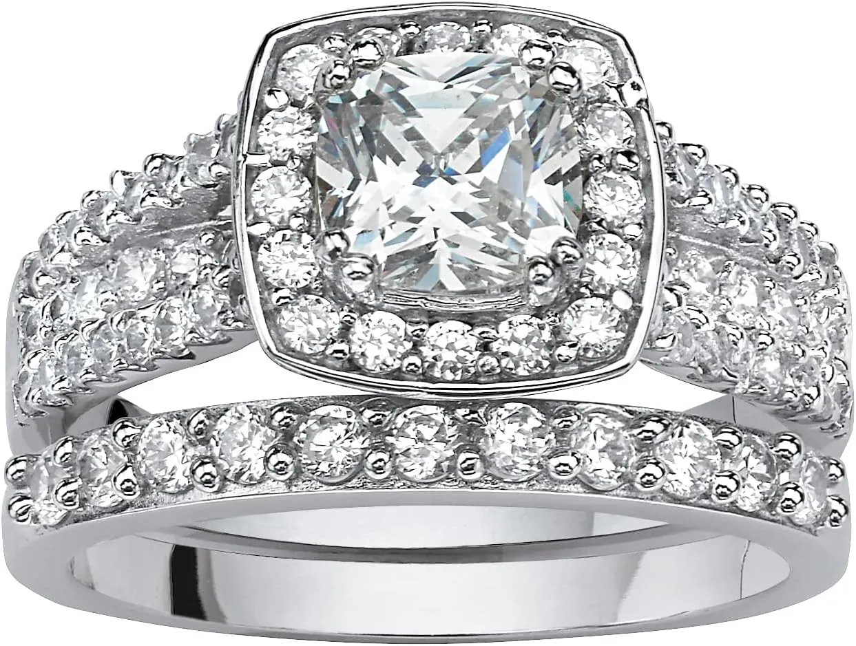 PalmBeach Platinum-plated Sterling Silver Cushion Cubic Zirconia Squared Halo Bridal Ring Set Sizes 6-10