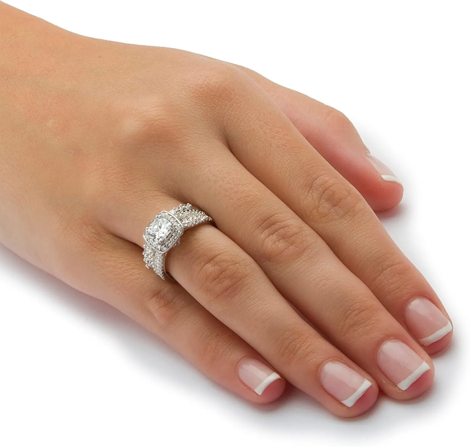 PalmBeach Platinum-plated Sterling Silver Cushion Cubic Zirconia Squared Halo Bridal Ring Set Sizes 6-10