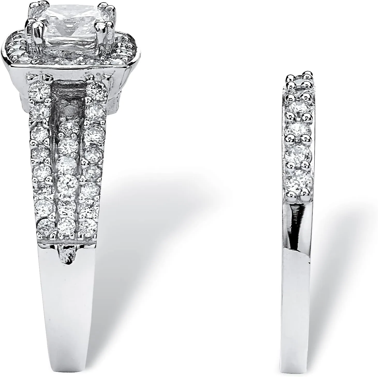 PalmBeach Platinum-plated Sterling Silver Cushion Cubic Zirconia Squared Halo Bridal Ring Set Sizes 6-10