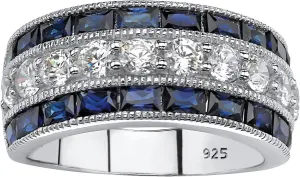 PalmBeach Platinum-plated Sterling Silver Round Cubic Zirconia and Emerald Cut Synthetic Blue Sapphire Ring Sizes 6-10