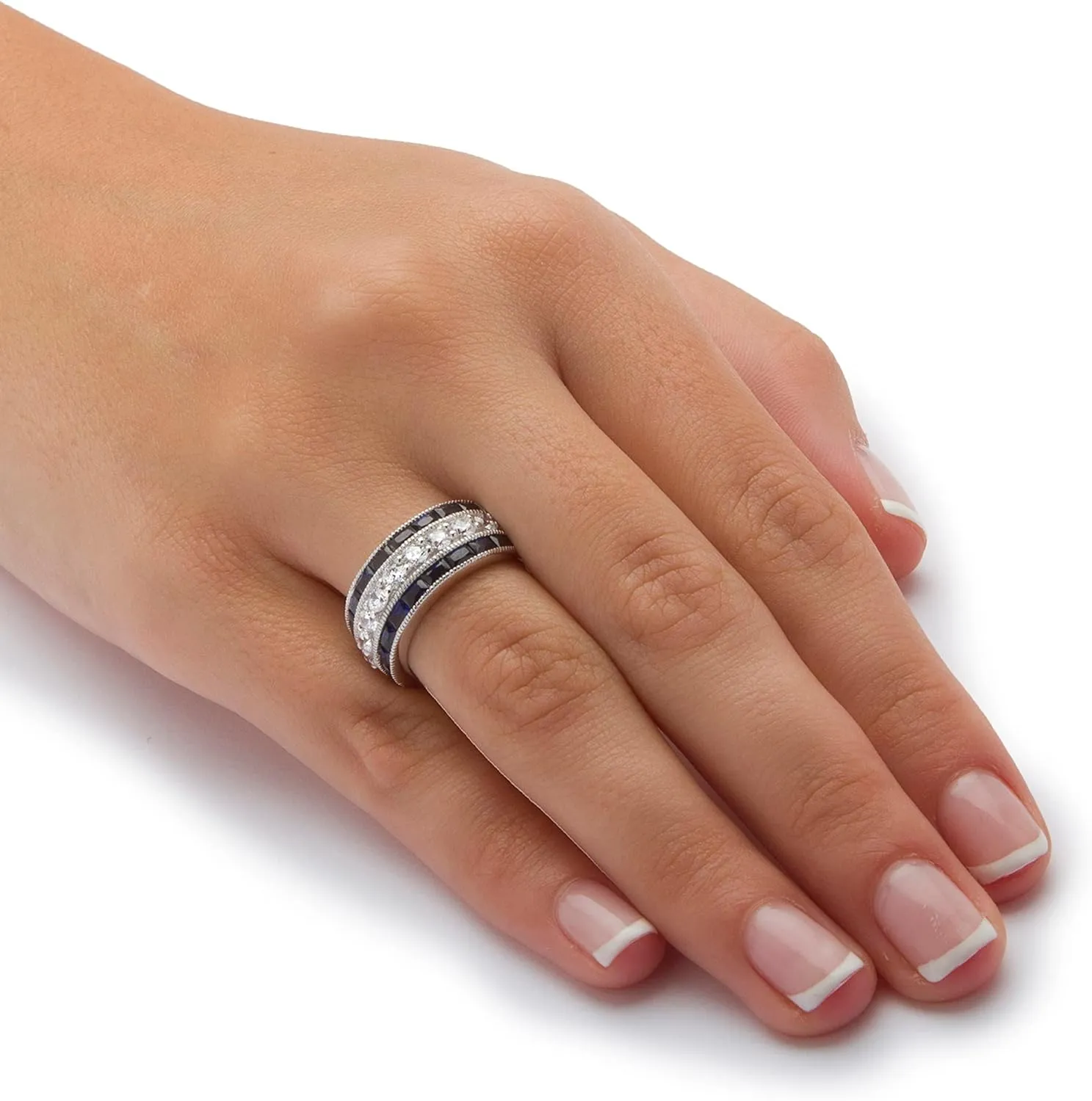 PalmBeach Platinum-plated Sterling Silver Round Cubic Zirconia and Emerald Cut Synthetic Blue Sapphire Ring Sizes 6-10