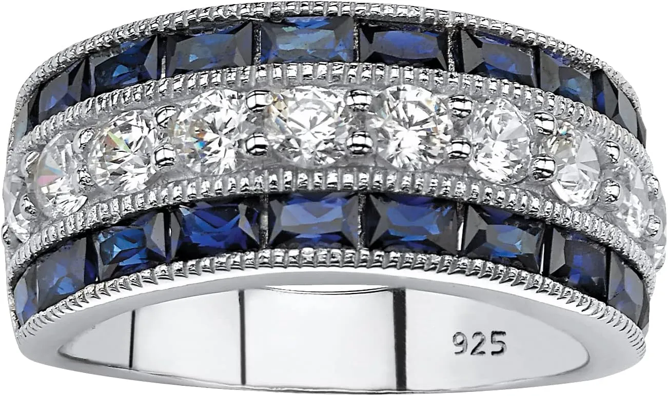 PalmBeach Platinum-plated Sterling Silver Round Cubic Zirconia and Emerald Cut Synthetic Blue Sapphire Ring Sizes 6-10