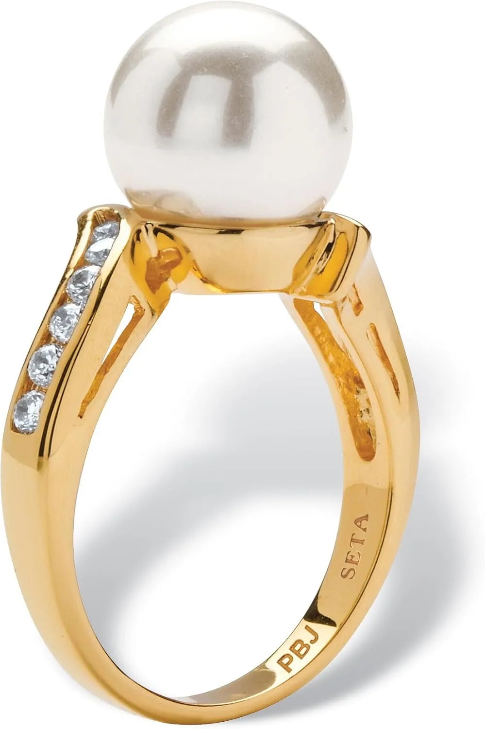 PalmBeach Yellow Gold-Plated Round Simulated Pearl and Round Cubic Zirconia Ring Sizes 5-10