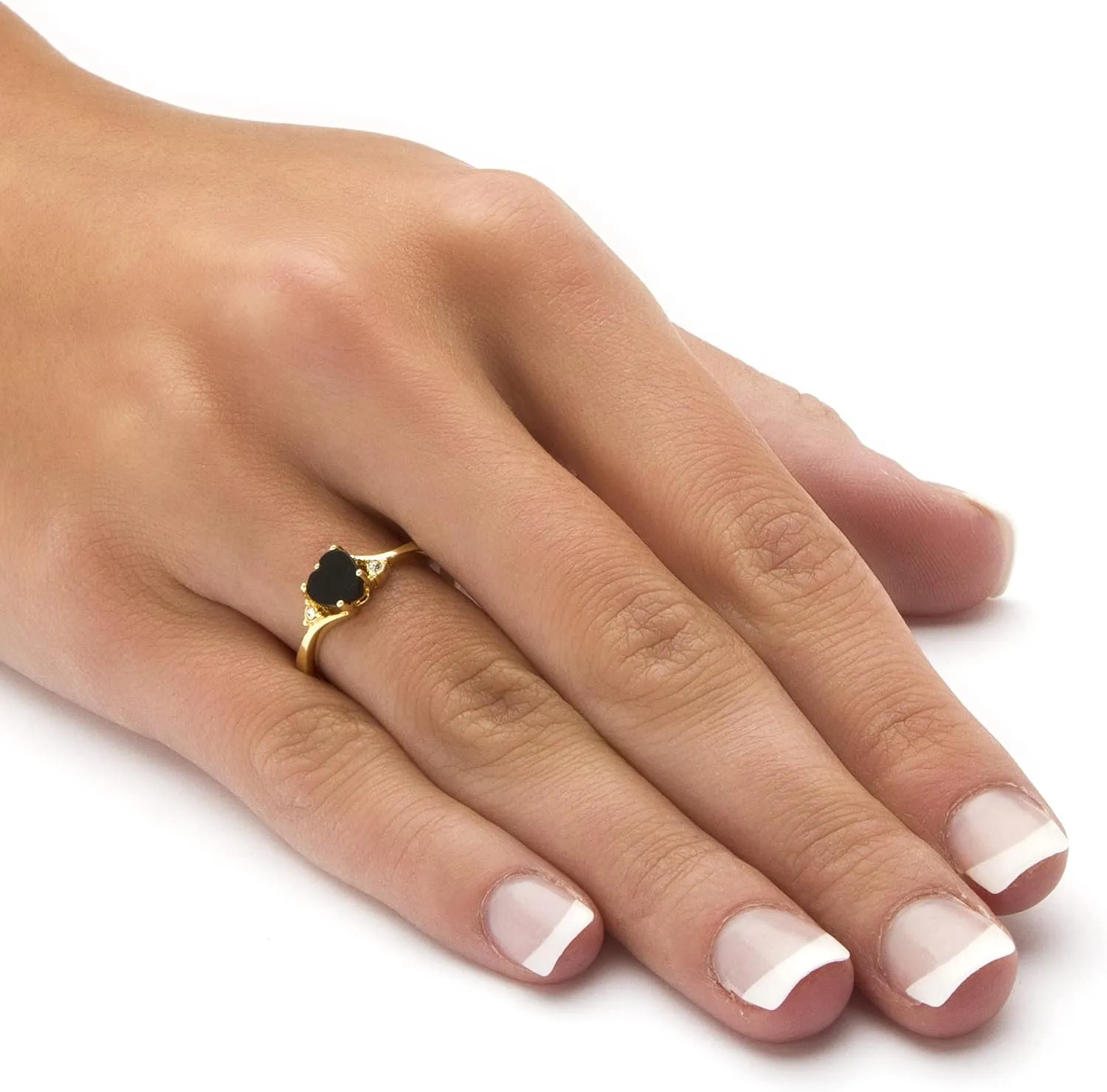 PalmBeach Yellow Silvertone Heart Shaped Natural Black Onyx and Round Crystal Heart Ring Sizes 5-10