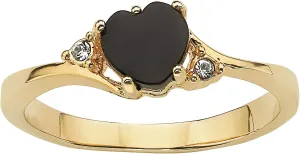 PalmBeach Yellow Silvertone Heart Shaped Natural Black Onyx and Round Crystal Heart Ring Sizes 5-10