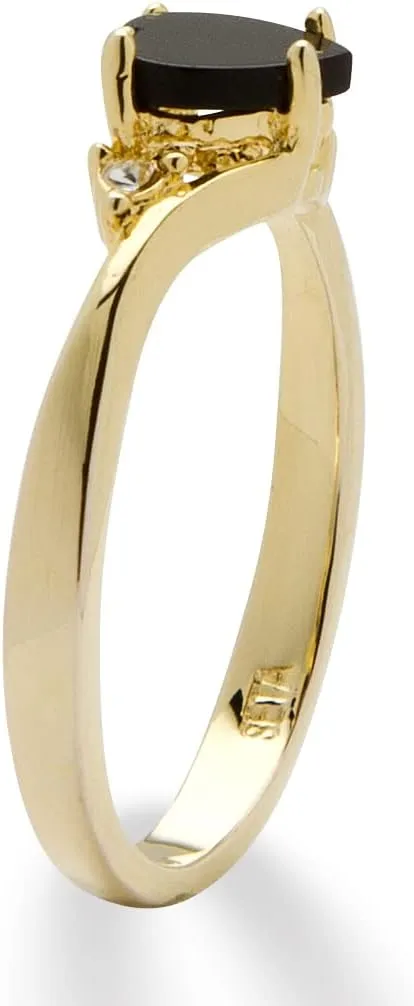 PalmBeach Yellow Silvertone Heart Shaped Natural Black Onyx and Round Crystal Heart Ring Sizes 5-10