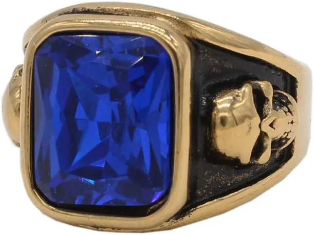 PAMTIER Unisex Stainless Steel Personality Vintage Punk Skull Head with Square Cut Gemstone Biker Ring