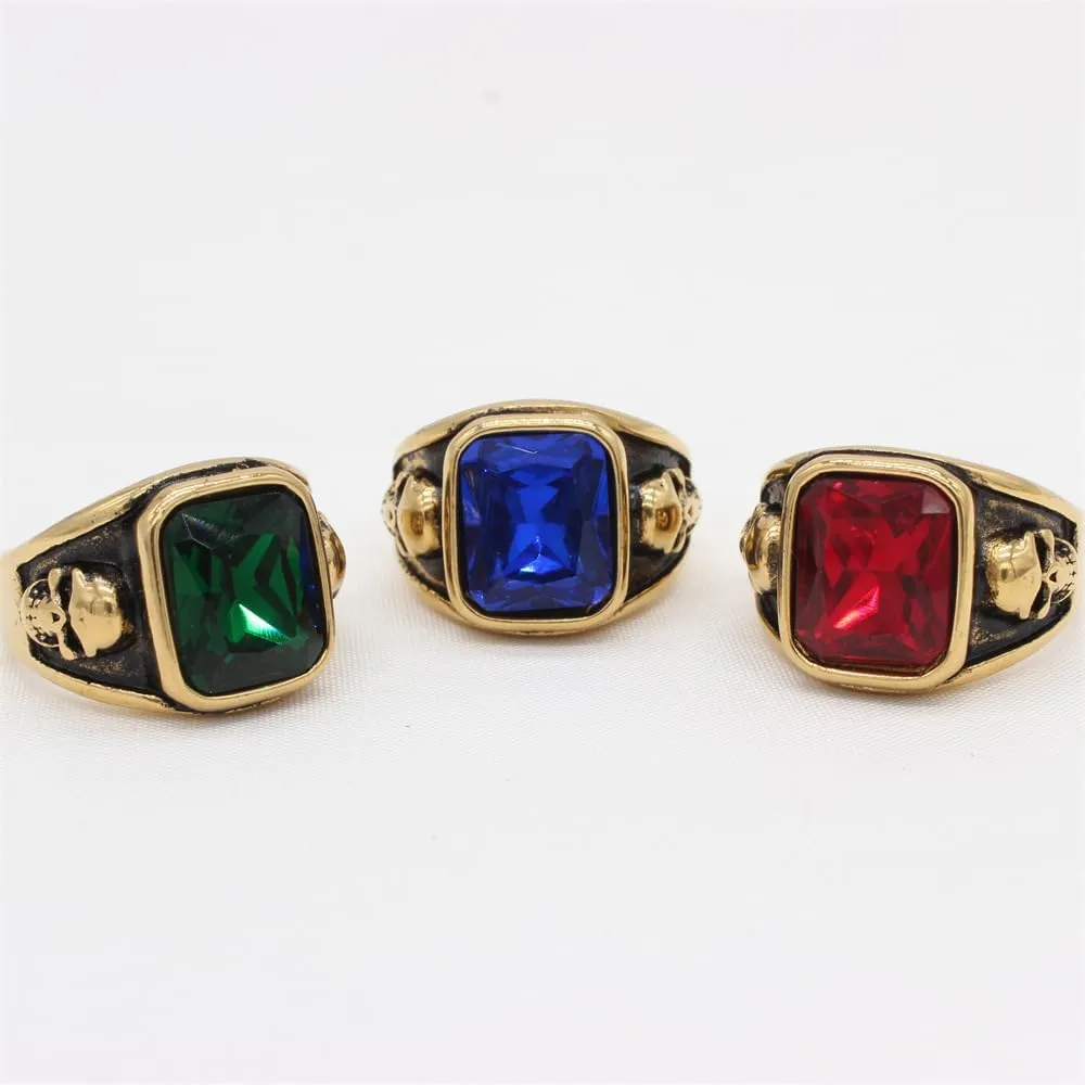 PAMTIER Unisex Stainless Steel Personality Vintage Punk Skull Head with Square Cut Gemstone Biker Ring