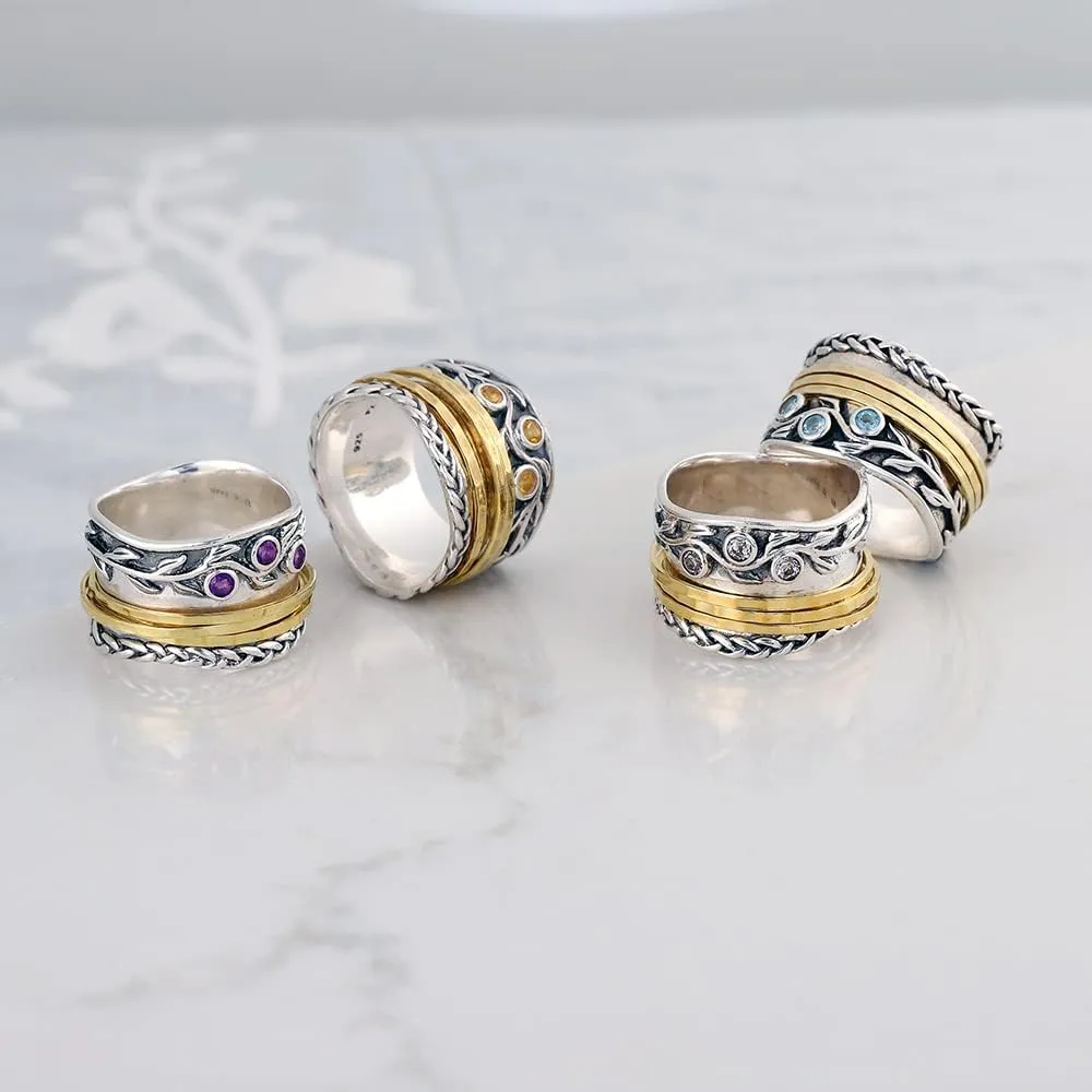Paz Creations 925 Sterling Silver Spinner Rings for Women With Natural Gemstones - Hammered Pattern Thick Band - Handcrafted Artisan Jewelry - Fidget Rings - Gift For Her