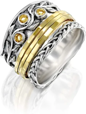 Paz Creations 925 Sterling Silver Spinner Rings for Women With Natural Gemstones - Hammered Pattern Thick Band - Handcrafted Artisan Jewelry - Fidget Rings - Gift For Her