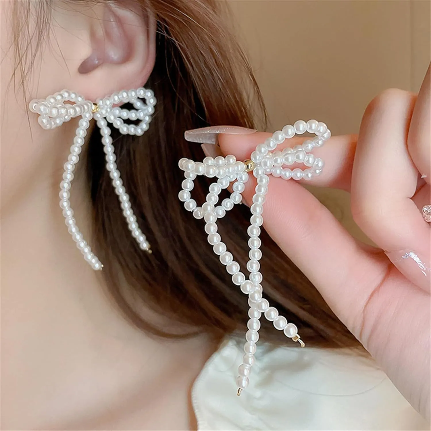 Pearl Bow Dangle Earrings Sterling Silver Post Adorable Charm Bowknot Faux White Pearl Beaded Chandelier Tassel Earrings for Women Wedding Birthday Valentine's Day Fashion Jewelry Gifts