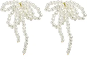 Pearl Bow Dangle Earrings Sterling Silver Post Adorable Charm Bowknot Faux White Pearl Beaded Chandelier Tassel Earrings for Women Wedding Birthday Valentine's Day Fashion Jewelry Gifts