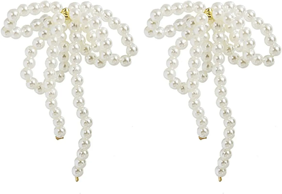 Pearl Bow Dangle Earrings Sterling Silver Post Adorable Charm Bowknot Faux White Pearl Beaded Chandelier Tassel Earrings for Women Wedding Birthday Valentine's Day Fashion Jewelry Gifts