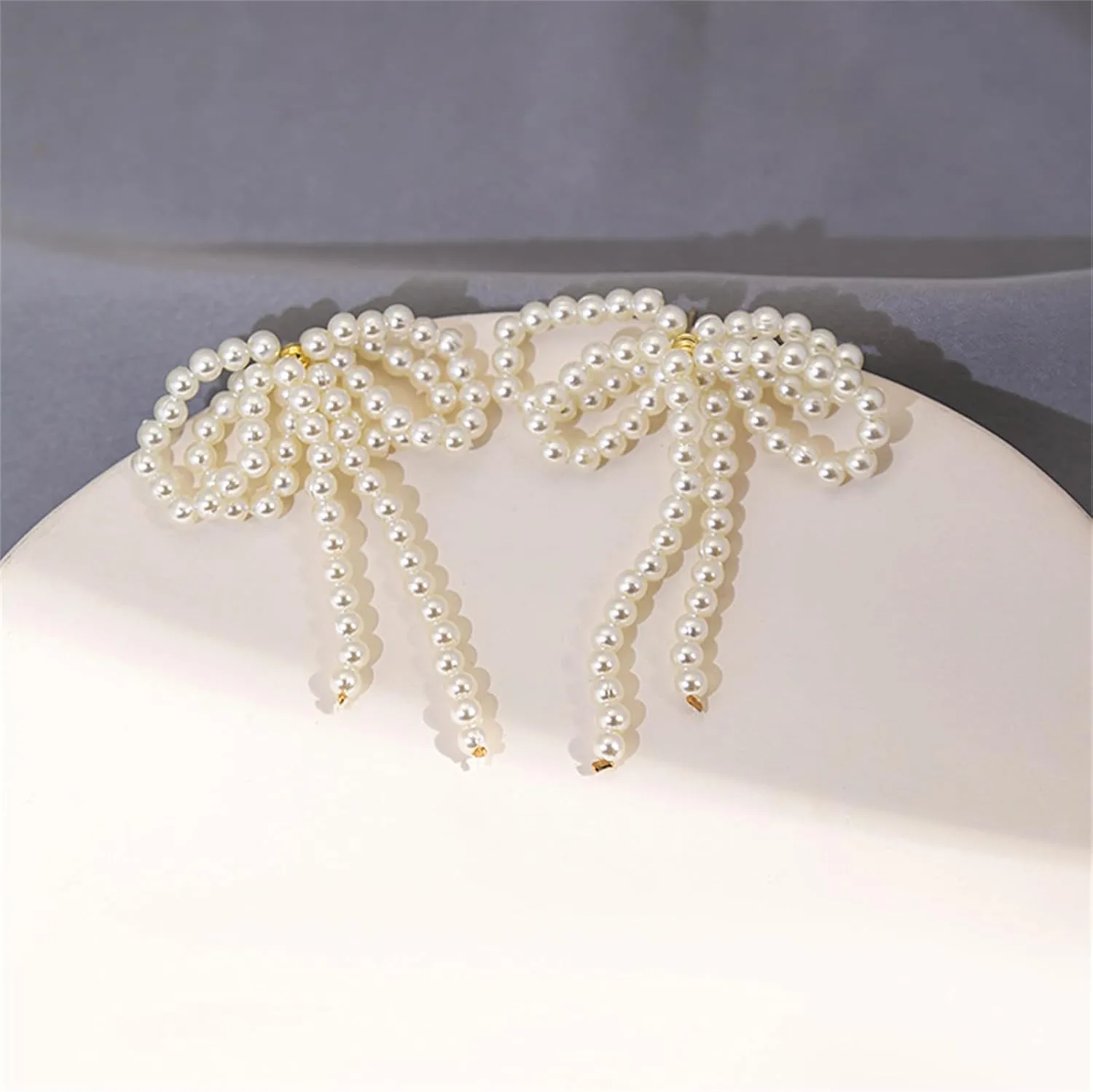 Pearl Bow Dangle Earrings Sterling Silver Post Adorable Charm Bowknot Faux White Pearl Beaded Chandelier Tassel Earrings for Women Wedding Birthday Valentine's Day Fashion Jewelry Gifts