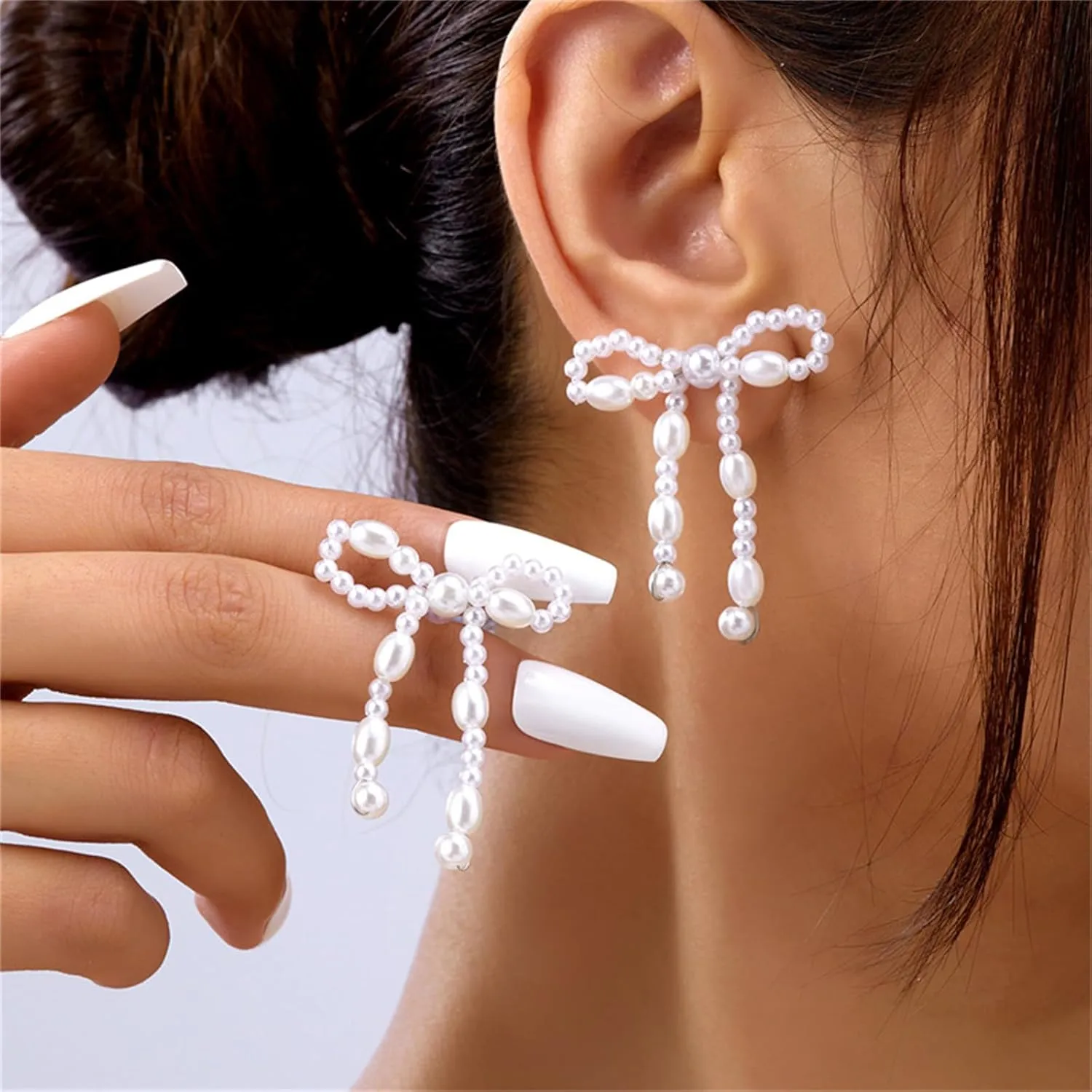 Pearl Bow Earrings Sterling Silver Charm Bowknot Simulated White Pearl Beaded Chandelier Tassel Dangle Drop Earrings for Women Wedding Bridal Birthday Valentines Day Jewelry Gifts