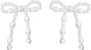 Pearl Bow Earrings Sterling Silver Charm Bowknot Simulated White Pearl Beaded Chandelier Tassel Dangle Drop Earrings for Women Wedding Bridal Birthday Valentines Day Jewelry Gifts