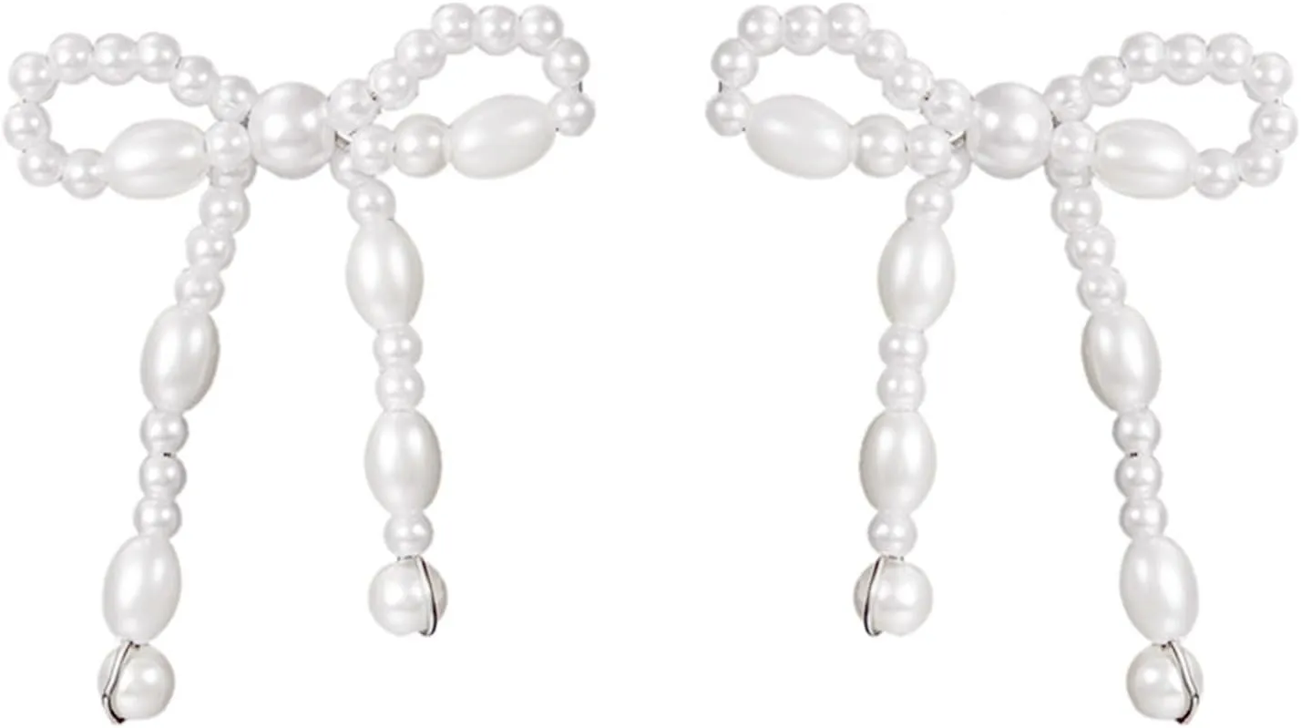 Pearl Bow Earrings Sterling Silver Charm Bowknot Simulated White Pearl Beaded Chandelier Tassel Dangle Drop Earrings for Women Wedding Bridal Birthday Valentines Day Jewelry Gifts