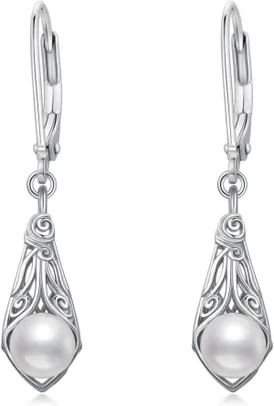 Pearl Earrings for Women 925 Sterling Silver Irish Celtic Knot Drop Dangle Earrings Leverback Jewelry Gifts (silver)