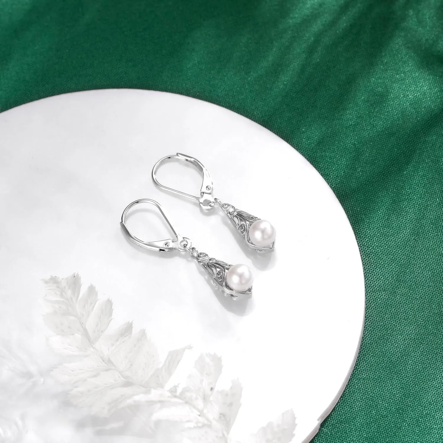 Pearl Earrings for Women 925 Sterling Silver Irish Celtic Knot Drop Dangle Earrings Leverback Jewelry Gifts (silver)