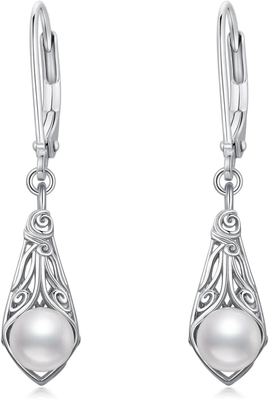 Pearl Earrings for Women 925 Sterling Silver Irish Celtic Knot Drop Dangle Earrings Leverback Jewelry Gifts (silver)