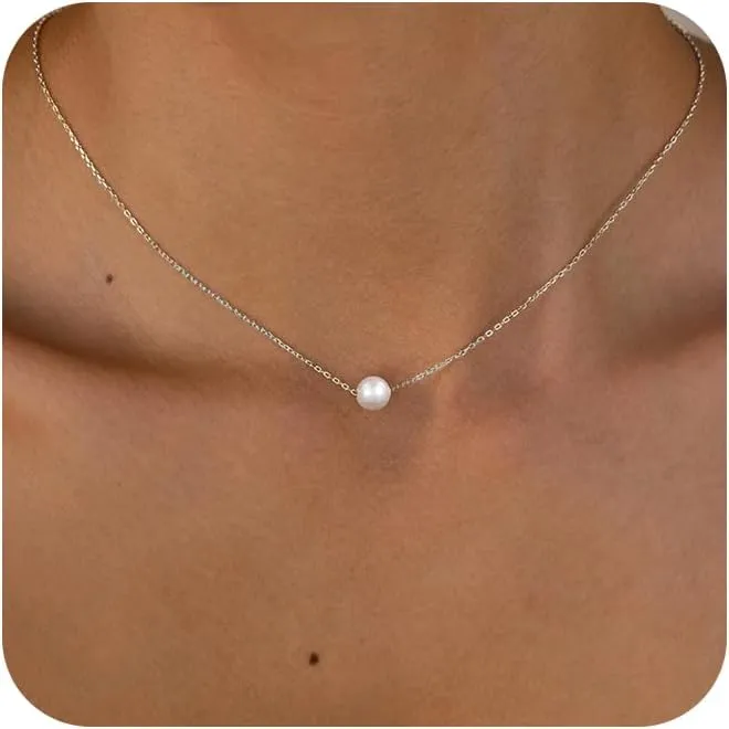 Pearl Necklace for Women,14k Gold/Silver Plated Waterproof Small Cute Dainty Choker Necklace Drop Single Pearl Chain Trendy Jewelry Fashion Gift