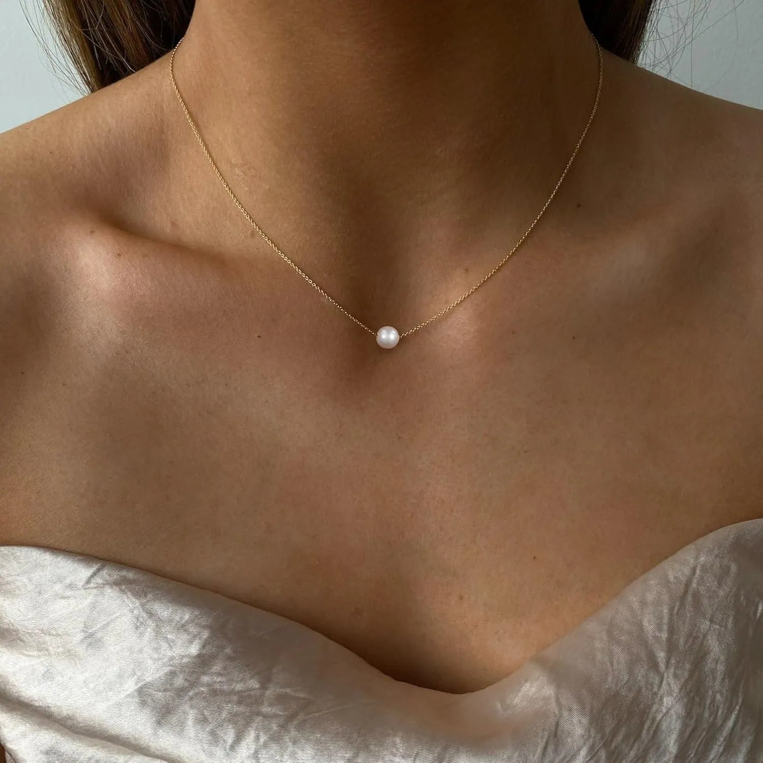 Pearl Necklace for Women,14k Gold/Silver Plated Waterproof Small Cute Dainty Choker Necklace Drop Single Pearl Chain Trendy Jewelry Fashion Gift