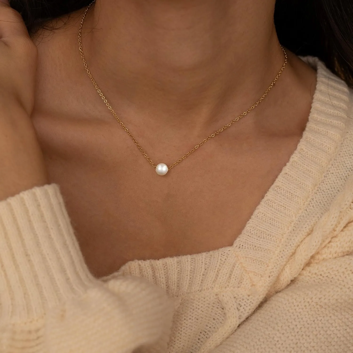 Pearl Necklace for Women,14k Gold/Silver Plated Waterproof Small Cute Dainty Choker Necklace Drop Single Pearl Chain Trendy Jewelry Fashion Gift
