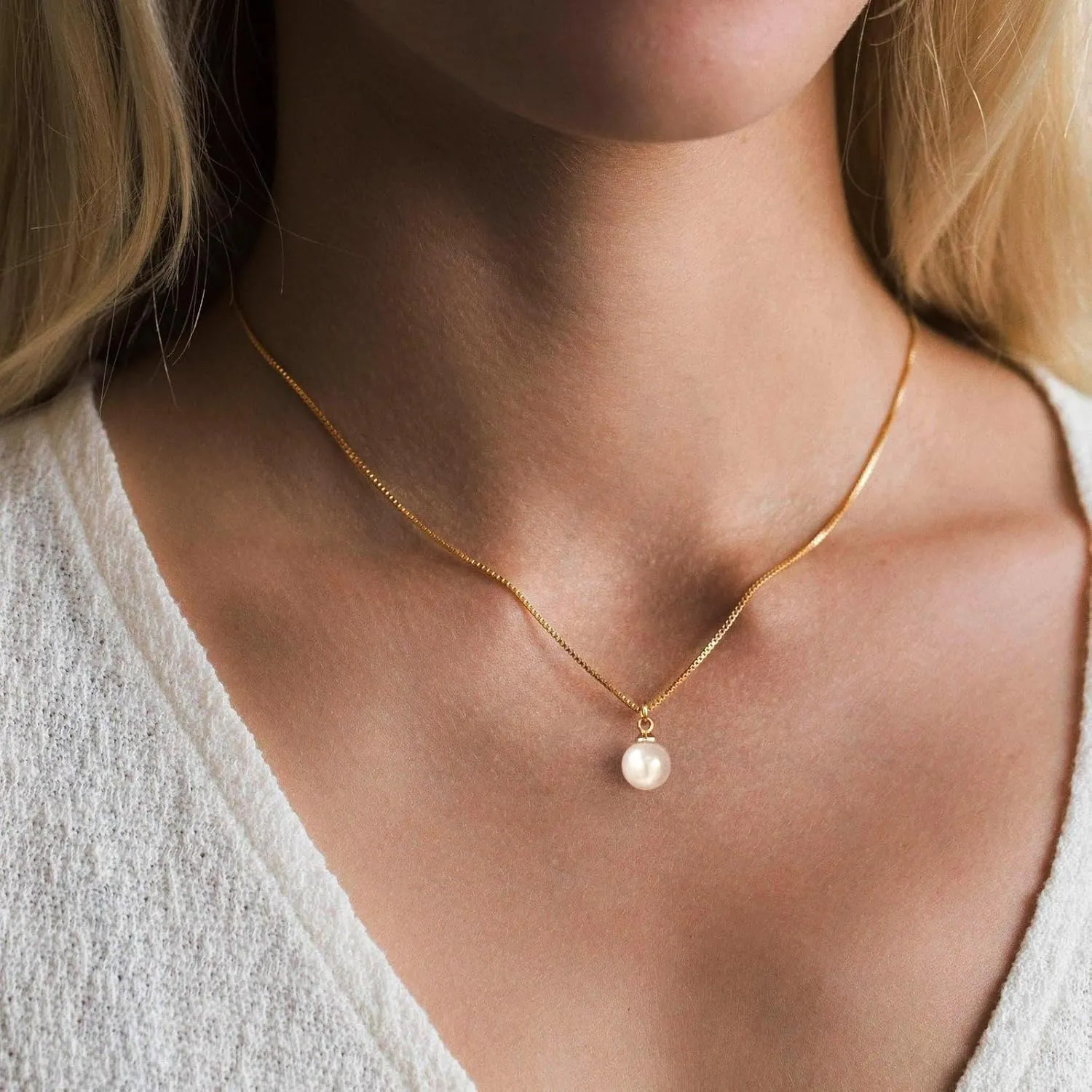 Pearl Necklace for Women,14k Gold/Silver Plated Waterproof Small Cute Dainty Choker Necklace Drop Single Pearl Chain Trendy Jewelry Fashion Gift