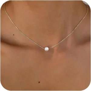 Pearl Necklace for Women,14k Gold/Silver Plated Waterproof Small Cute Dainty Choker Necklace Drop Single Pearl Chain Trendy Jewelry Fashion Gift