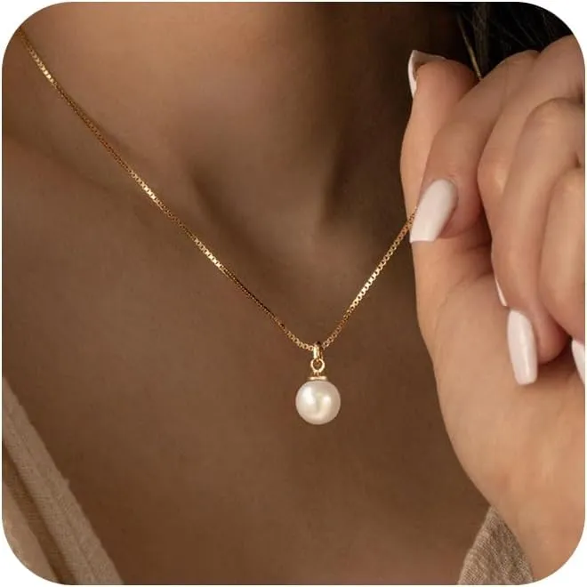 Pearl Necklace for Women,14k Gold/Silver Plated Waterproof Small Cute Dainty Choker Necklace Drop Single Pearl Chain Trendy Jewelry Fashion Gift