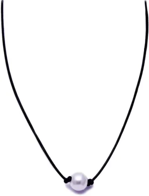 Pearl Necklace - Simple Tiny Dainty Single Floating Glass Pearl Necklace, Black Leather Cord Pearl Choker Pendant Necklaces for Women, Lobster Clasp J-0142