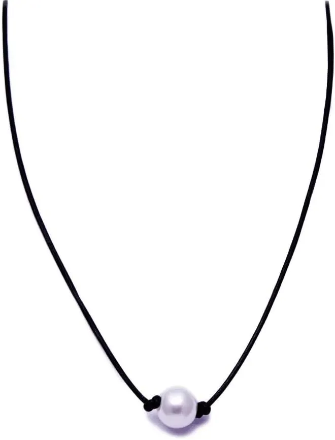 Pearl Necklace - Simple Tiny Dainty Single Floating Glass Pearl Necklace, Black Leather Cord Pearl Choker Pendant Necklaces for Women, Lobster Clasp J-0142
