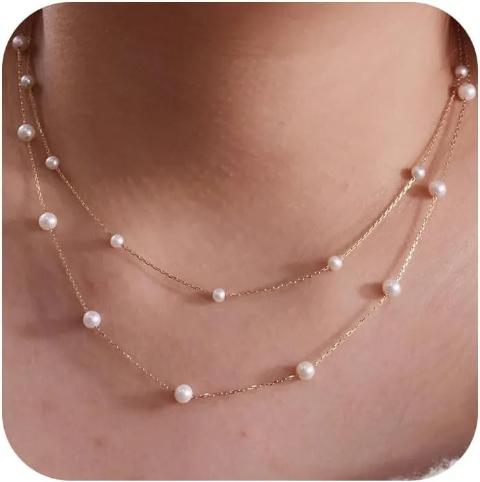 Pearl Necklaces for Women, 14K Gold Adjustable Dainty Imitation 6mm/8mm Pearl Choker Necklace, Trendy Simple Layered Chain Jewelry Gifts(2 Satellites)