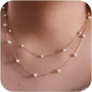 Pearl Necklaces for Women, 14K Gold Adjustable Dainty Imitation 6mm/8mm Pearl Choker Necklace, Trendy Simple Layered Chain Jewelry Gifts(2 Satellites)