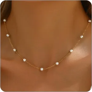 Pearl Necklaces for Women 18K Gold Plated Pearl Choker Necklace Dainty Pearl Pendant Necklace Simple Small Pearl Bridesmaid Wedding Jewelry Gift
