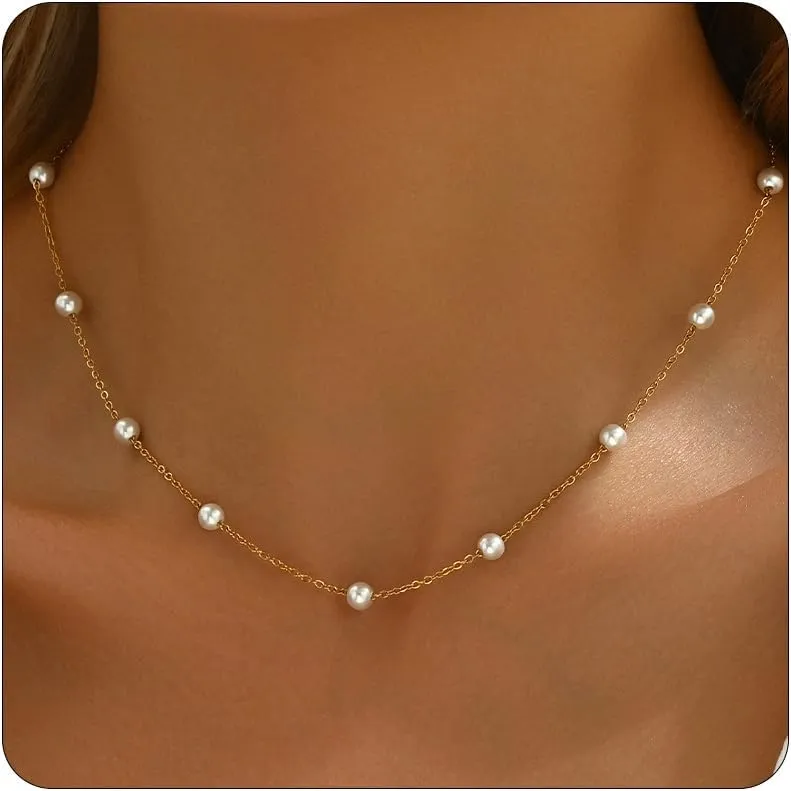 Pearl Necklaces for Women 18K Gold Plated Pearl Choker Necklace Dainty Pearl Pendant Necklace Simple Small Pearl Bridesmaid Wedding Jewelry Gift
