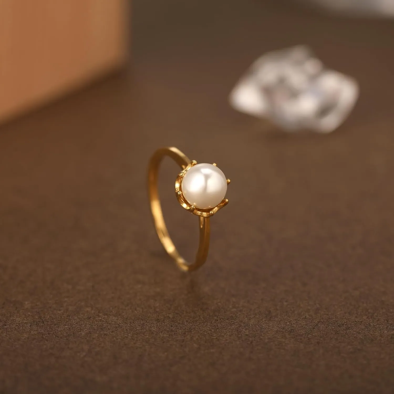 Pearl Ring for Women, 18K Gold Plated Womens Gold Rings for Bride Wedding Engagement Band Birthday Gold Rings Size 5 to 9