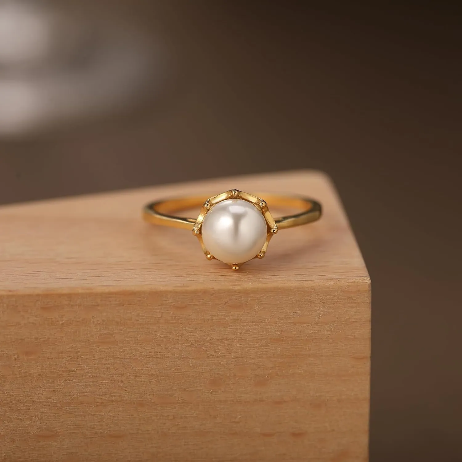 Pearl Ring for Women, 18K Gold Plated Womens Gold Rings for Bride Wedding Engagement Band Birthday Gold Rings Size 5 to 9