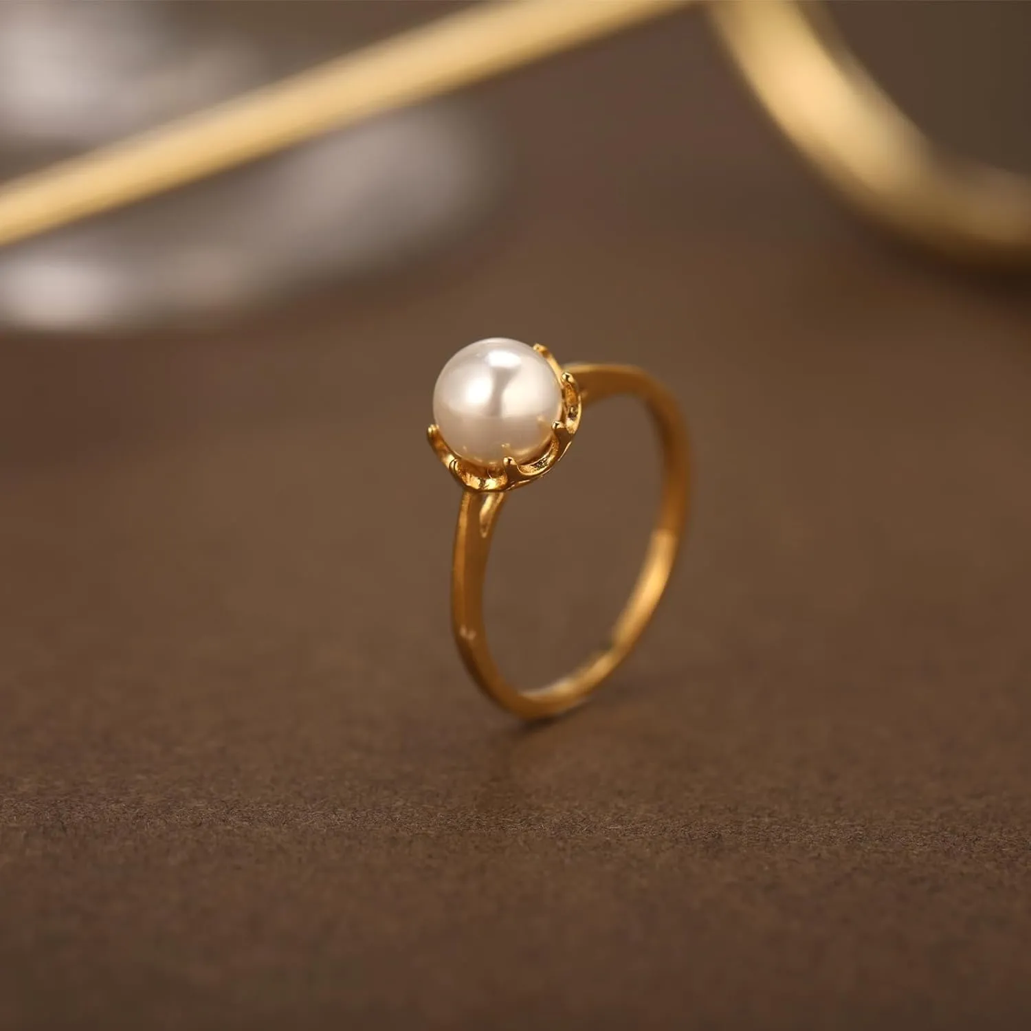Pearl Ring for Women, 18K Gold Plated Womens Gold Rings for Bride Wedding Engagement Band Birthday Gold Rings Size 5 to 9