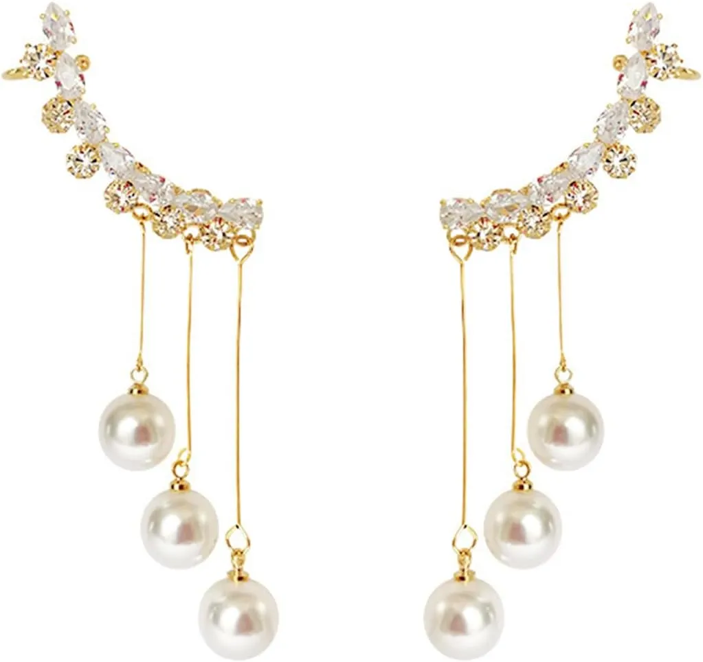 Pearl Tassel Crawler Earrings Gold Plated Vintage Long Pearl Tassel Chain Glitter Crystal Cubic Zirconia Dangle Wrap Cuff Climber Earrings for Women Birthday Wedding Valentines Mother's Day Jewelry Gifts