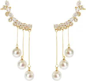 Pearl Tassel Crawler Earrings Gold Plated Vintage Long Pearl Tassel Chain Glitter Crystal Cubic Zirconia Dangle Wrap Cuff Climber Earrings for Women Birthday Wedding Valentines Mother's Day Jewelry Gifts