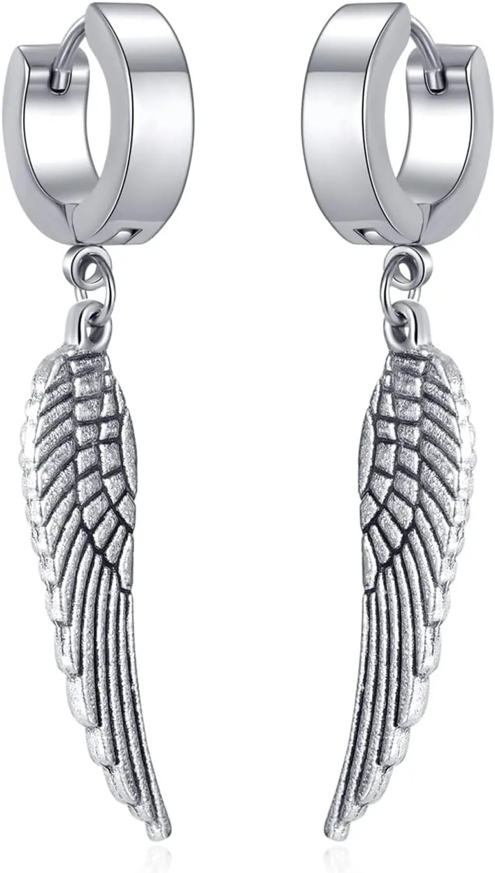 PEAS Punk Jewelry Huggie Hoop Earrings Stainless Steel Feather Dangle Drop Earrings