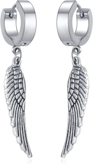 PEAS Punk Jewelry Huggie Hoop Earrings Stainless Steel Feather Dangle Drop Earrings
