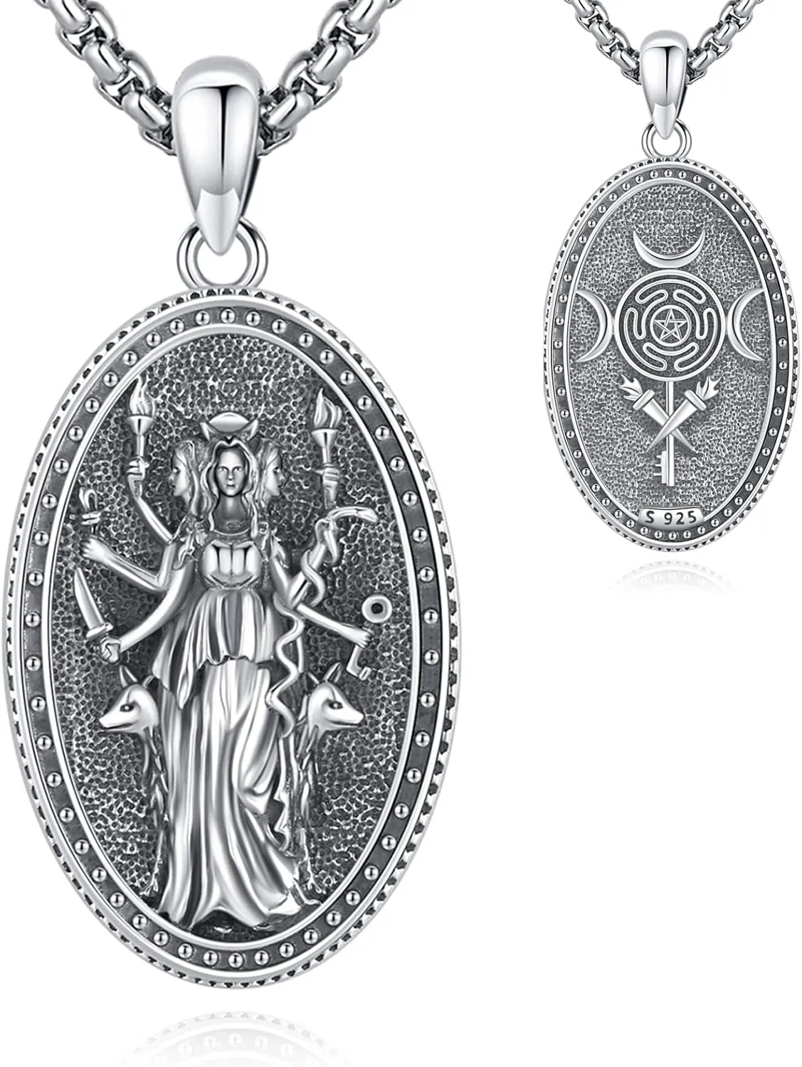 Pentagram Necklace Sterling Silver Triple Moon Goddess/Celtic Knot Witches Knot/Ankh/Sun and Moon/Hecate/Lilith/Santa Muerte/Tetragrammaton Pendant Necklace Pagan Wiccan Magic Egyptian Amulet Jewelry for Women Men