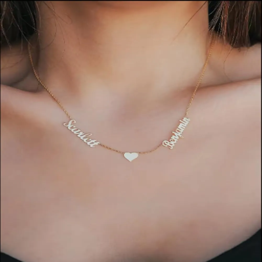 Personalized 925 Sterling Silver Two Names Necklace with Heart Custom Made with 2 Names