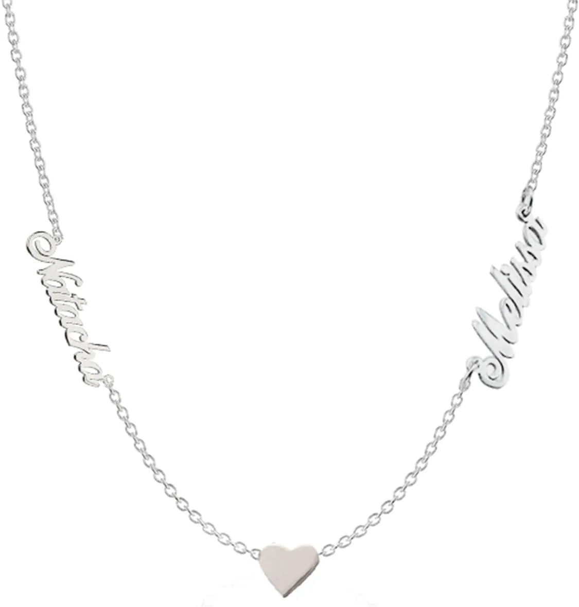Personalized 925 Sterling Silver Two Names Necklace with Heart Custom Made with 2 Names